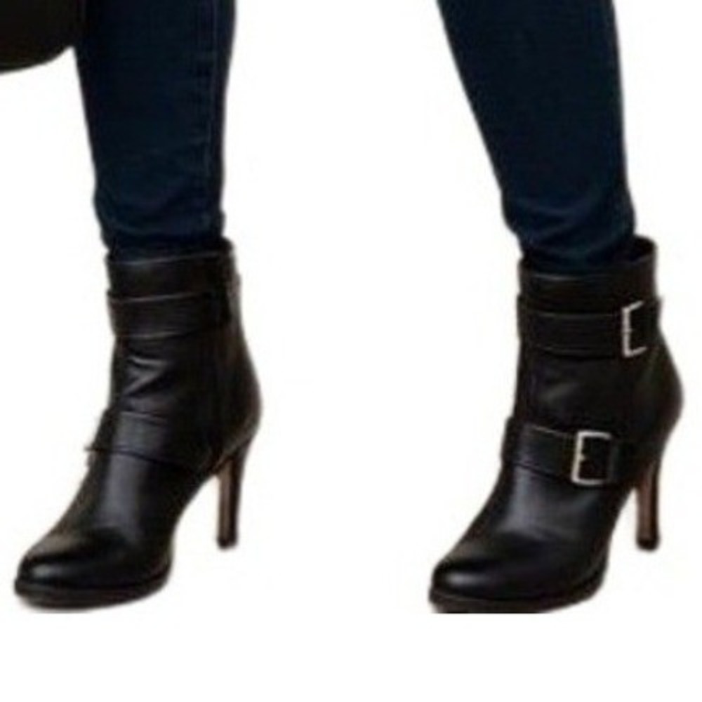Nine West Boots Womens 9 Medium Black Leather Buckle Ankle 3.5" Heel‎